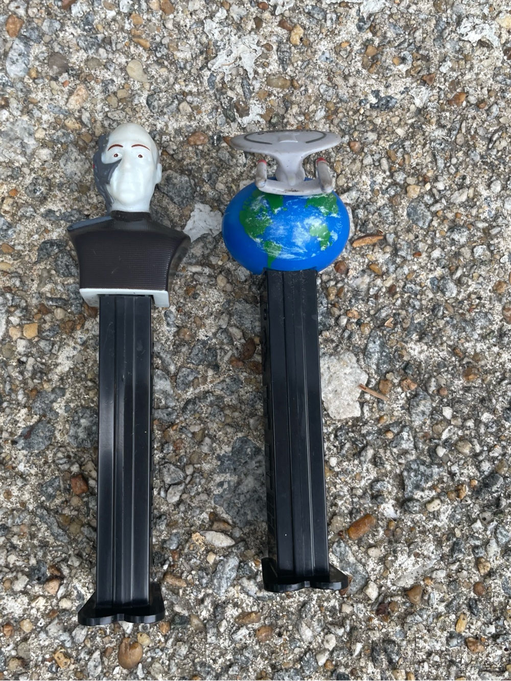 Novelty PEZ Candy Dispensers - Black Stems with White, Blue & Green Tops
